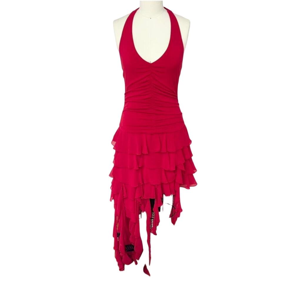 Cache Womens Medium Red Halter Ruffled Dress Asymmetrical Ruffle Hem Party Y2k